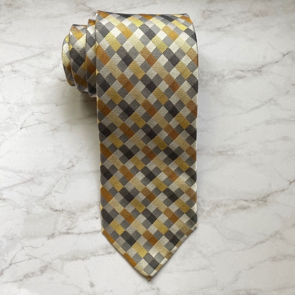CROFT & BARROW Men's Tie Silk Office Lined Yellow Gray Pattern - Picture 1 of 5